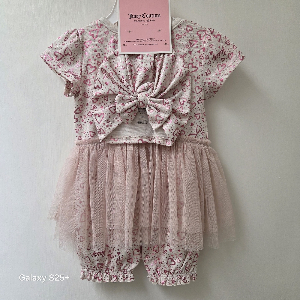 Juicy Couture Heart Print Baby Set with Tulle Skirt NWT 12 Month